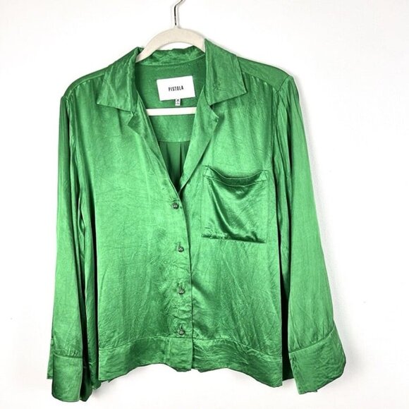 Pistola SIA Button Down Long Sleeve Kelly Green Blouse Shirt Sz M Satin - Picture 1 of 8